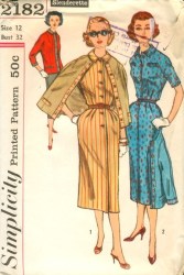 2182 SIMPLICITY 1957 SLENDERETTE BUTTON SLIM DRESS, CONTRAST JACKET PATTERN 18 38"B UNCUT